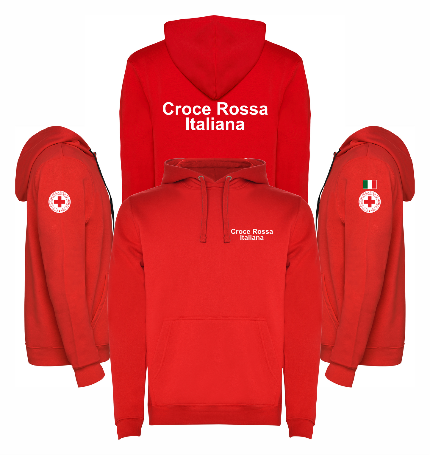 Felpa rossa con cappuccio della Croce Rossa Italiana