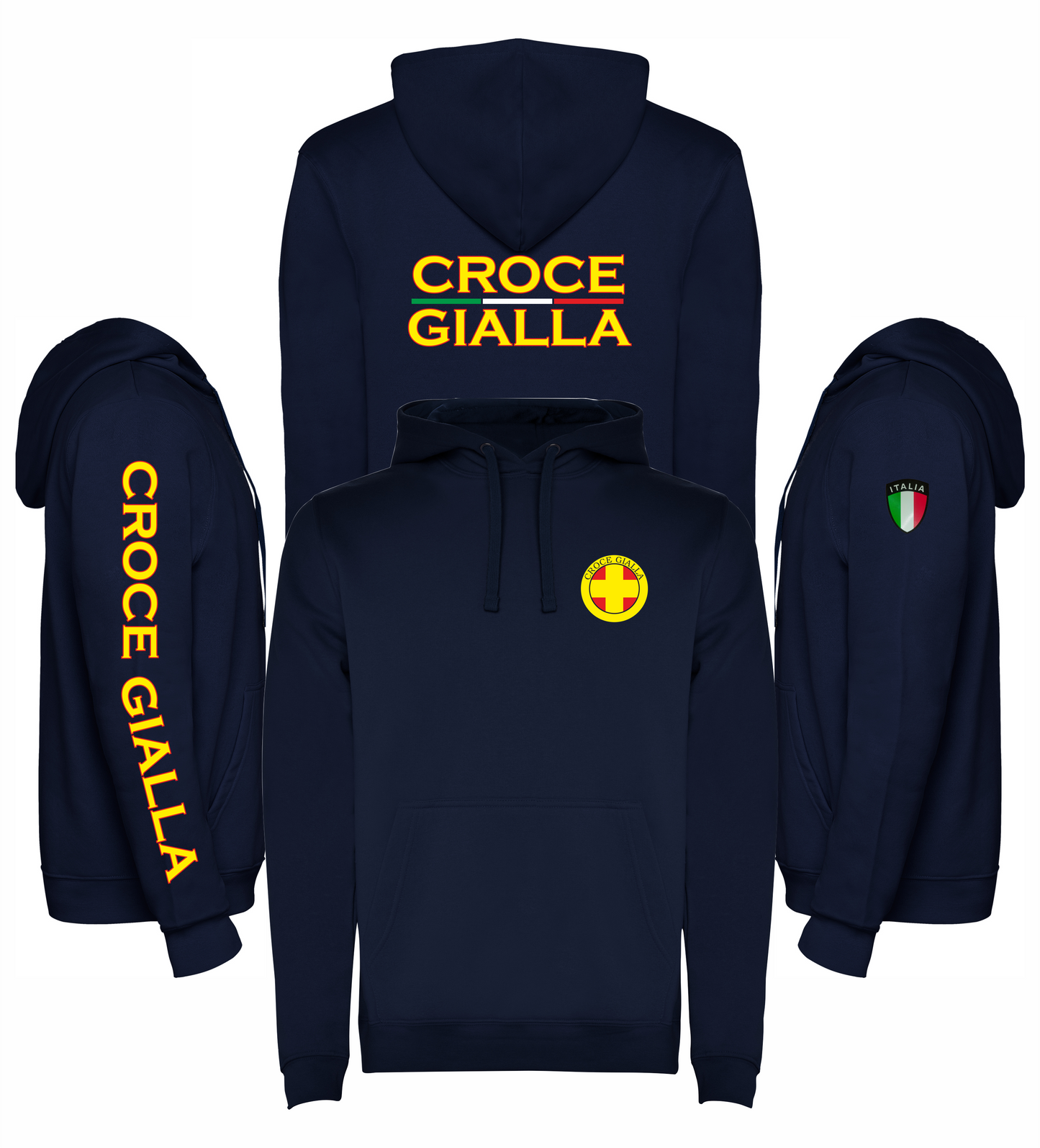 Felpa blu scuro con cappuccio della Croce Gialla