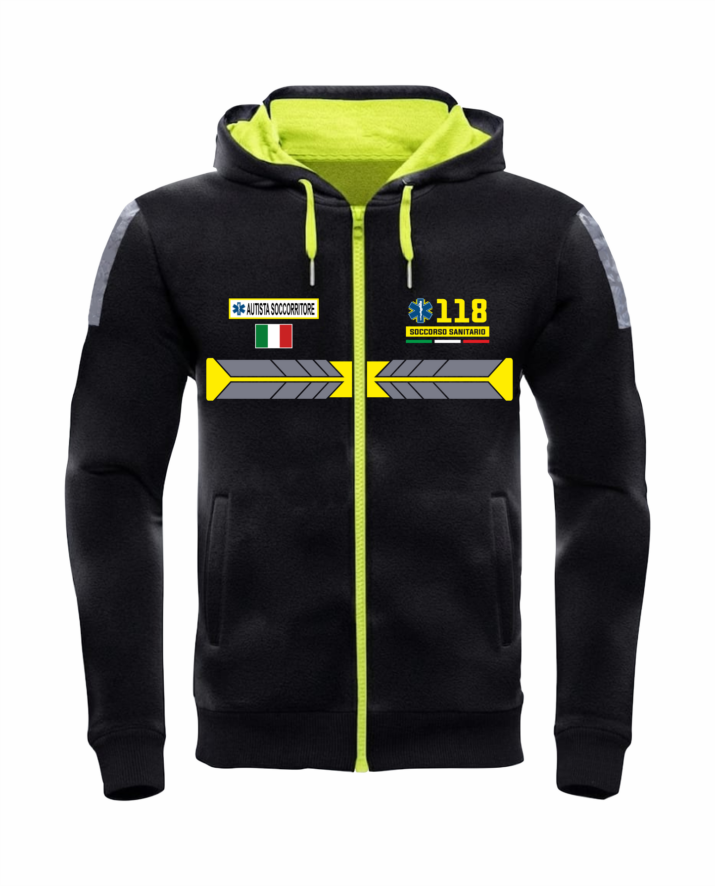 Felpa nera con cappuccio e zip 118 alta visibilità rifrangente