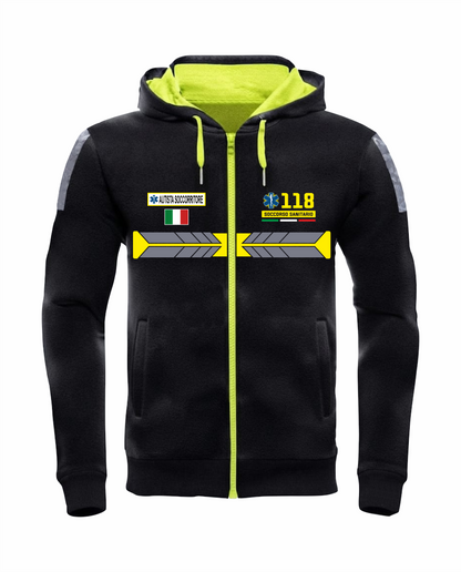 Felpa nera con cappuccio e zip 118 alta visibilità rifrangente