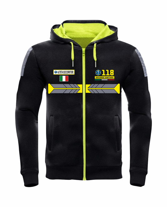 Felpa nera con cappuccio e zip 118 alta visibilità rifrangente