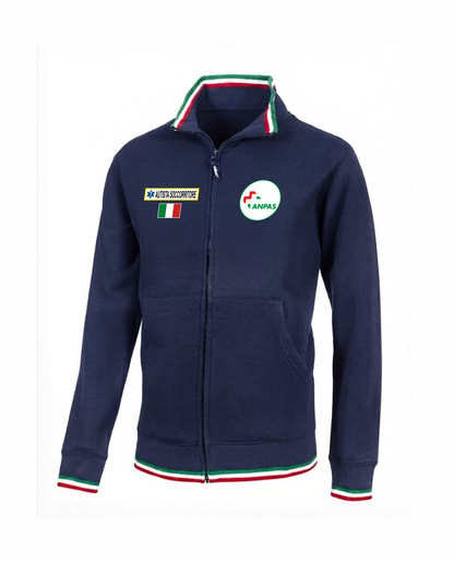 Felpa TRIC blu scuro zip e bordini tricolore ANPAS