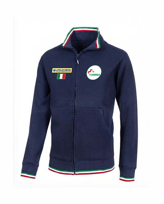 Felpa TRIC blu scuro zip e bordini tricolore ANPAS