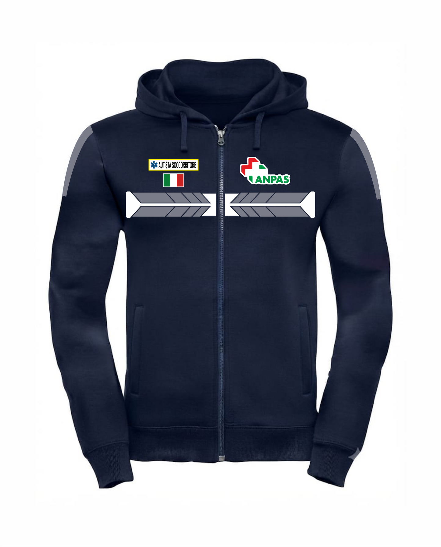 Felpa blu scuro con cappuccio e zip ANPAS alta visibilità rifrangente