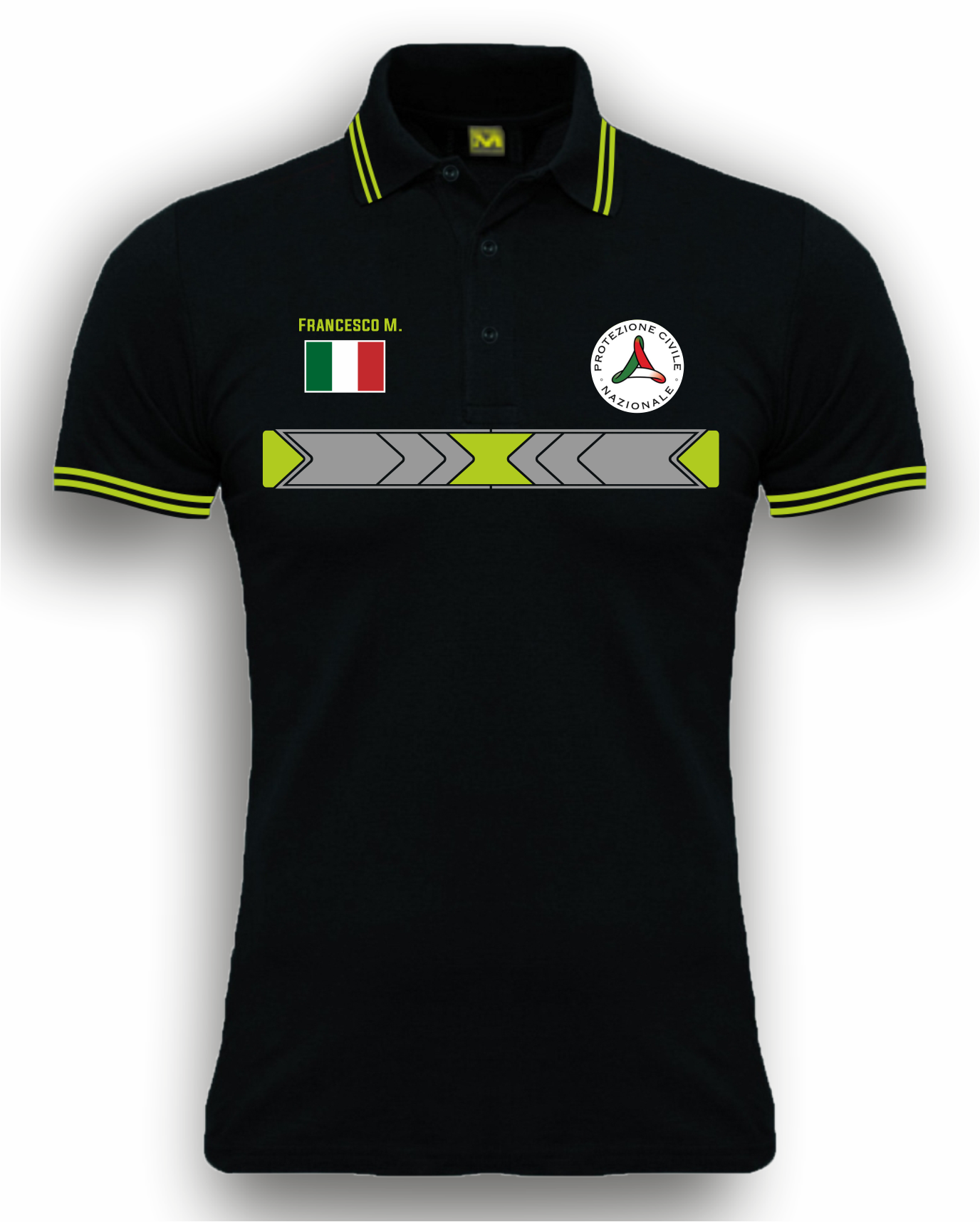 Polo nera con righini fluo PROTEZIONE CIVILE alta visibilità rifrangente