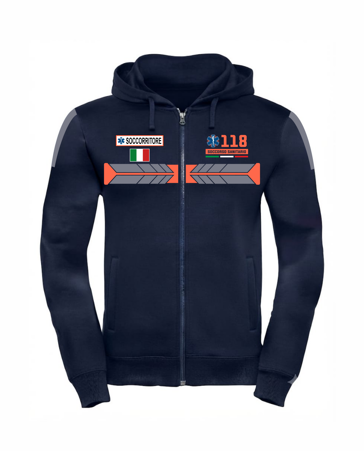 Felpa blu scuro con cappuccio e zip 118 alta visibilità rifrangente