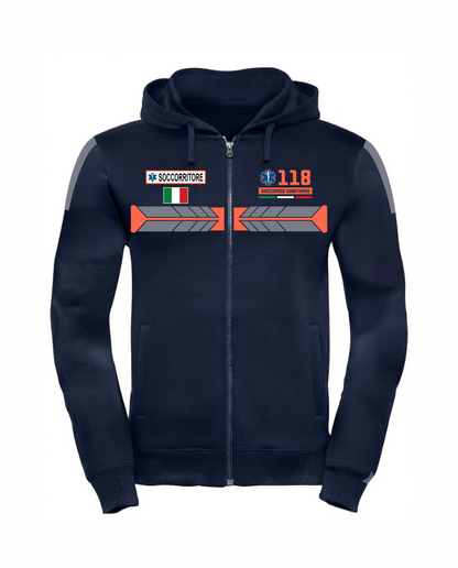 Felpa blu scuro con cappuccio e zip 118 alta visibilità rifrangente