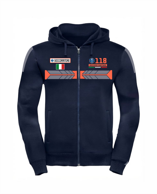 Felpa blu scuro con cappuccio e zip 118 alta visibilità rifrangente