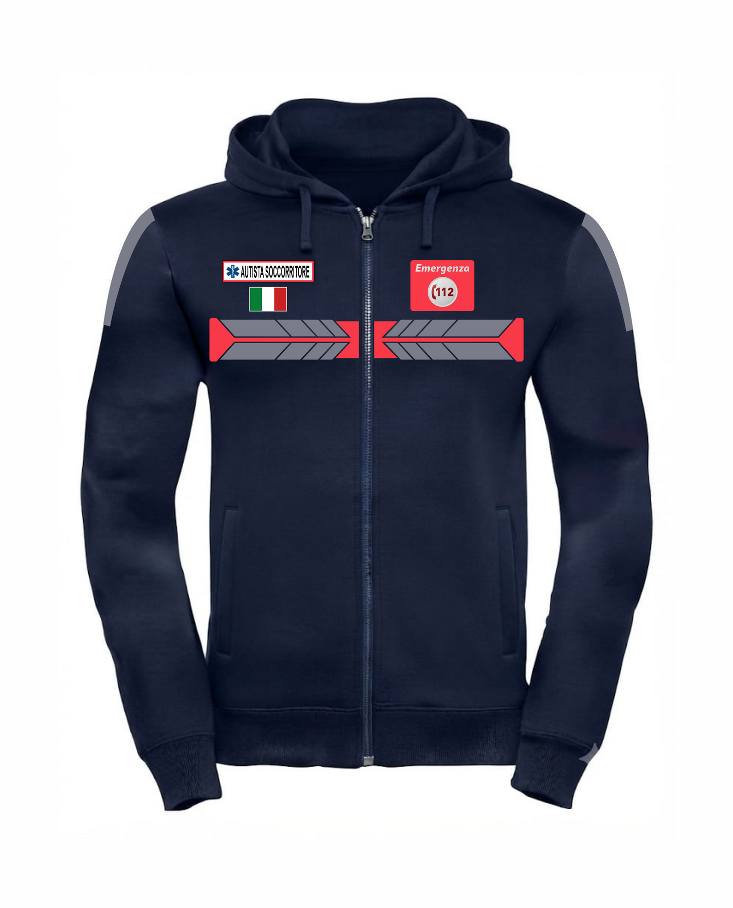 Felpa blu scuro con cappuccio e zip 112 alta visibilità rifrangente