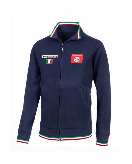 Felpa TRIC blu scuro zip e bordini tricolore 112